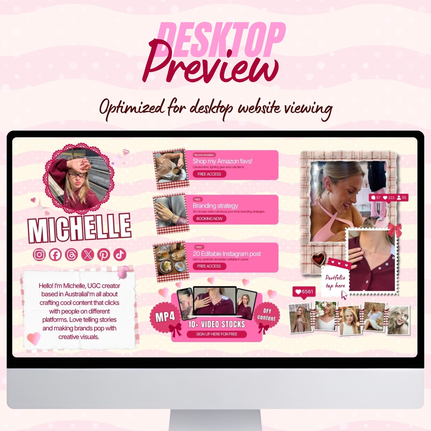 link in bio template responsive on mobile and desktop, editable UGC creator canva template