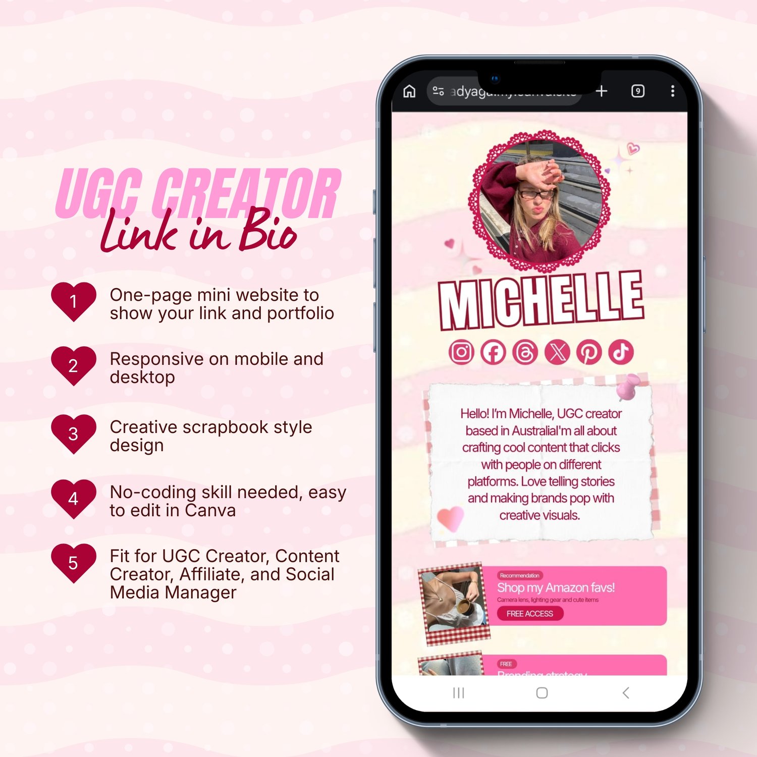 link in bio template responsive on mobile and desktop, pink editable UGC creator canva template