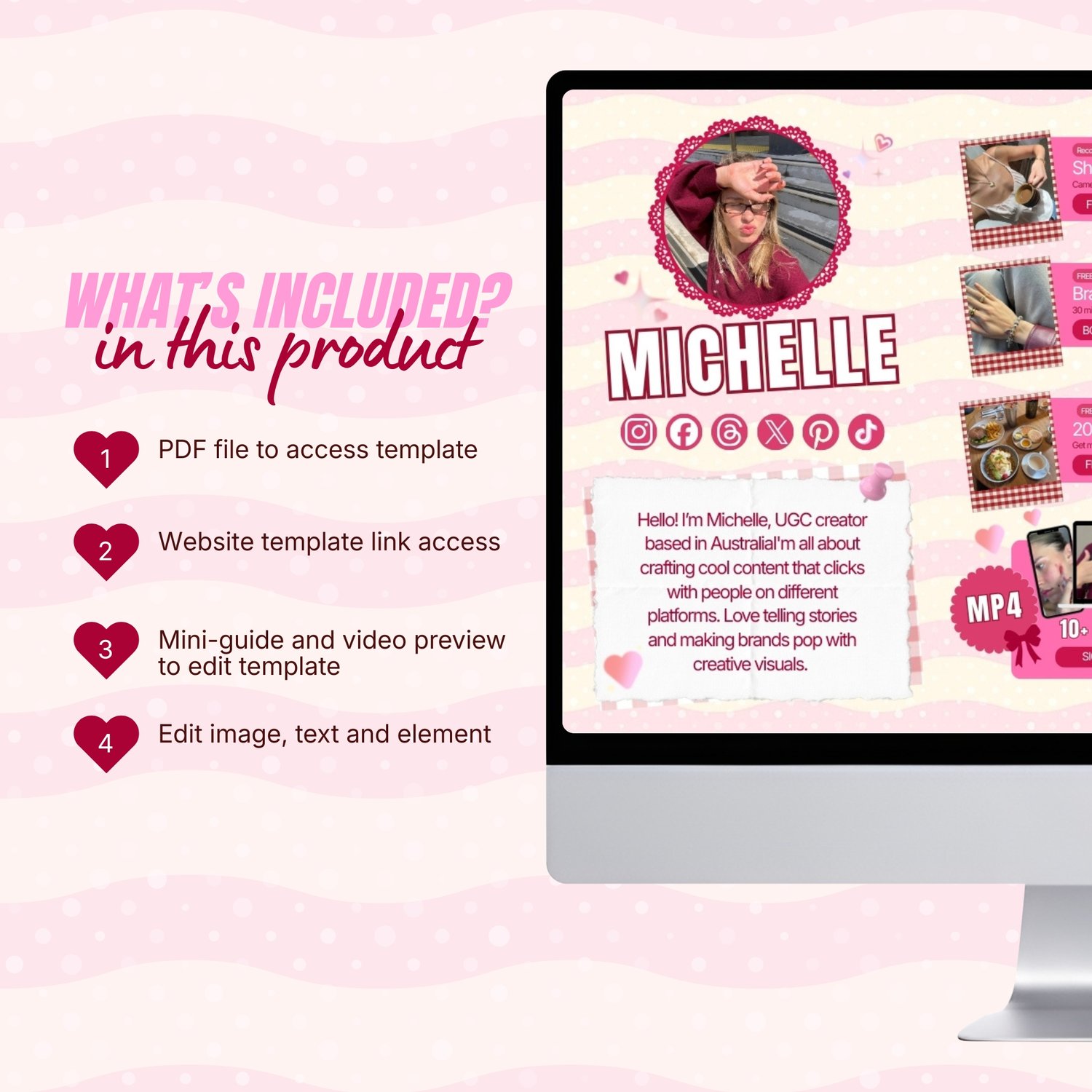 link in bio template responsive on mobile and desktop, editable UGC creator canva template