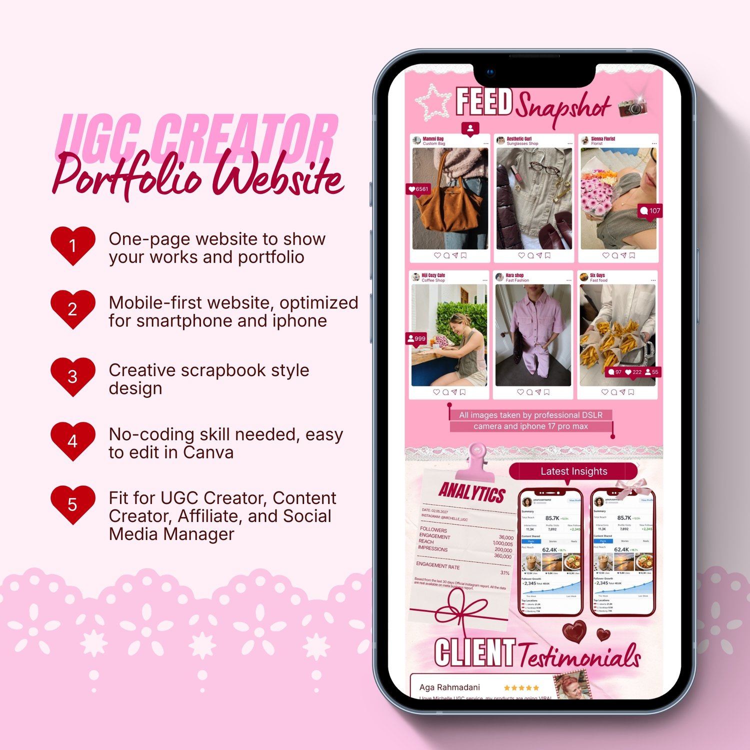 UGC Portfolio Website Cherry Pink Canva Template Responsive on mobile and desktop