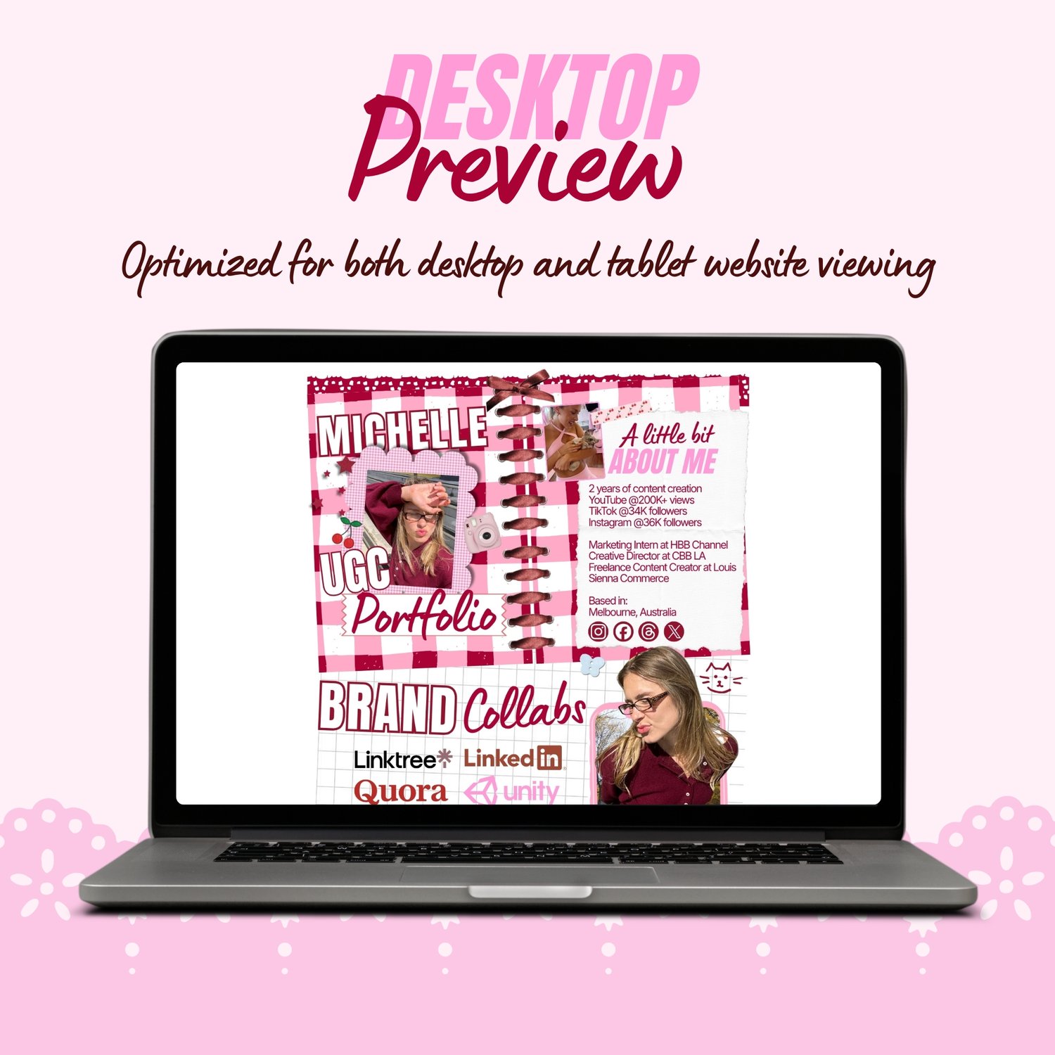 UGC Portfolio Website Cherry Pink Canva Template Responsive on mobile and desktop