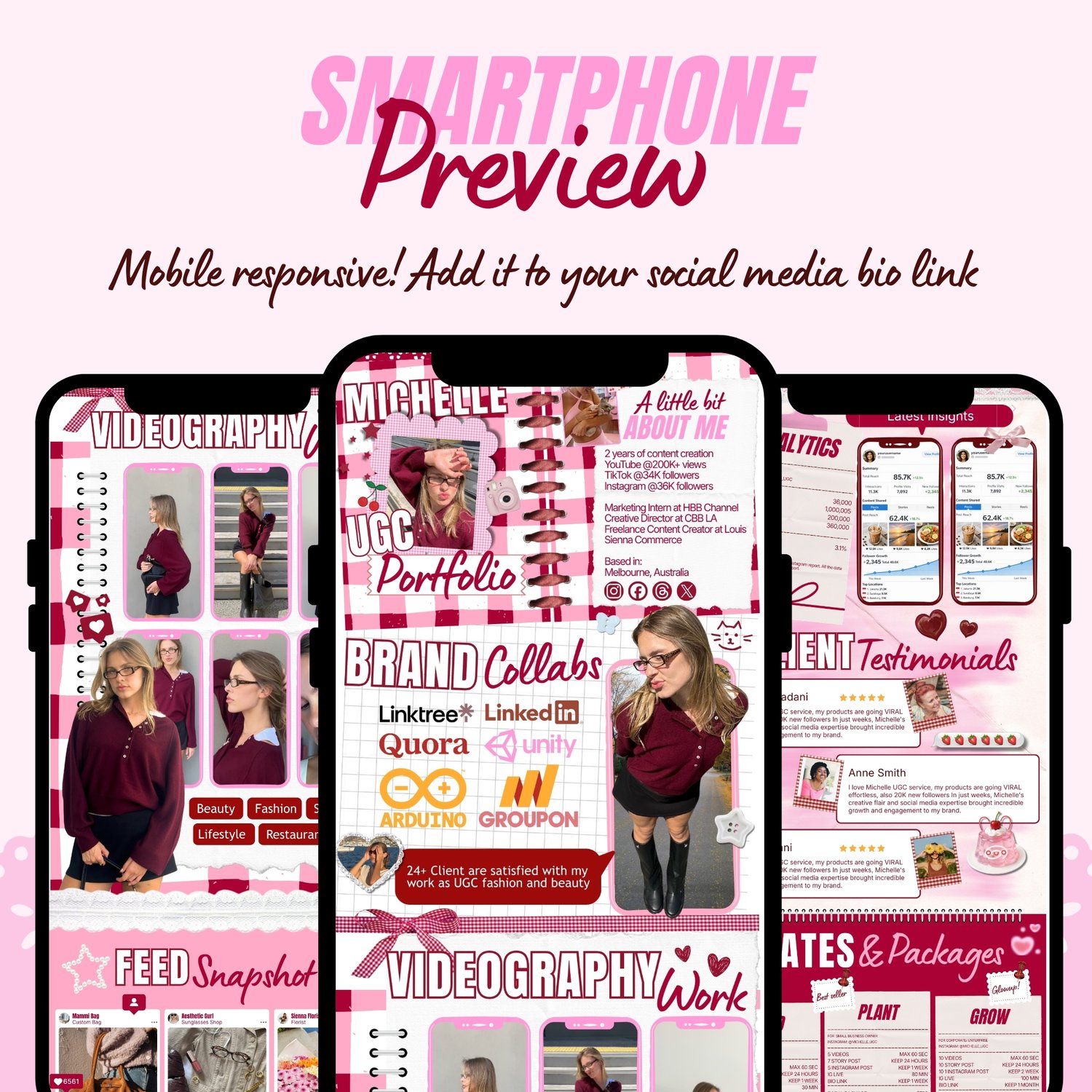 UGC Portfolio Website Cherry Pink Canva Template Responsive on mobile and desktop