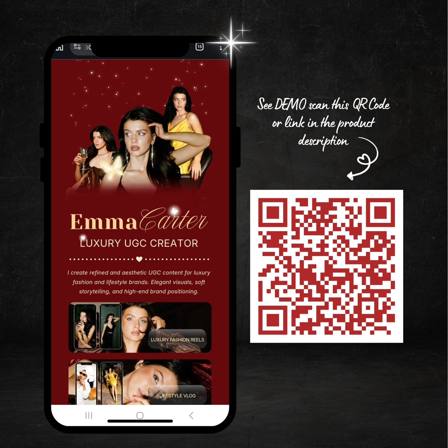 Dark Luxury Red Link in Bio Canva UGC Template. The deep red and dark luxury design creates a strong, confident look while keeping all your important links in one beautiful page. Fully editable in Canva and easy to customize