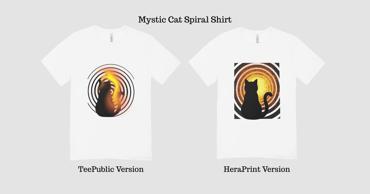 Mystic Cat Spiral t-shirt design featuring a black cat silhouette and glowing spiral artwork.