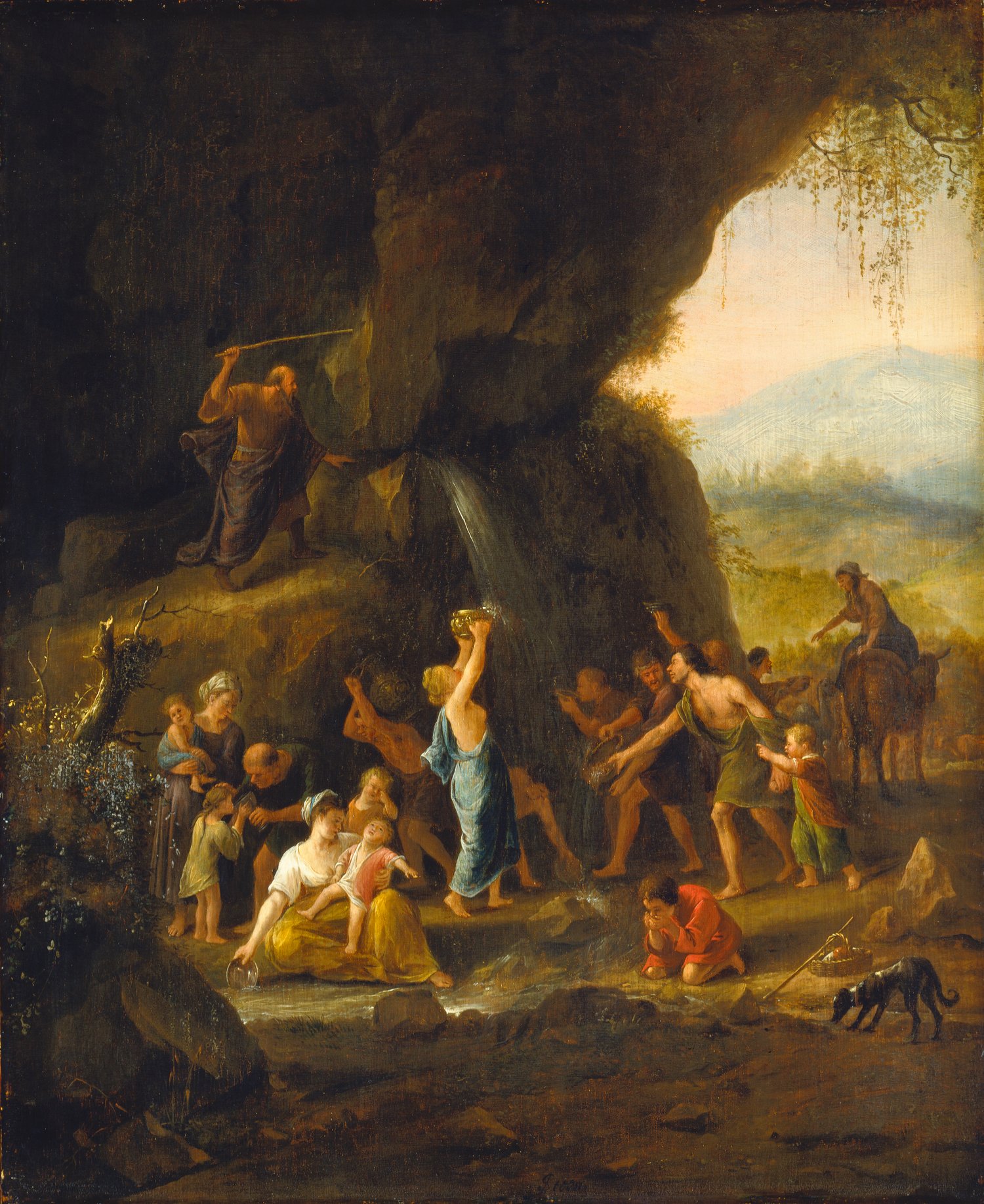 A 17th Century painting of Moses striking the rock by Jan Steen. The image is dark on the left and light to the right, presumably where the promised land is. Moses is above some people and the water flows down into cups they are holding up. Public Domain 