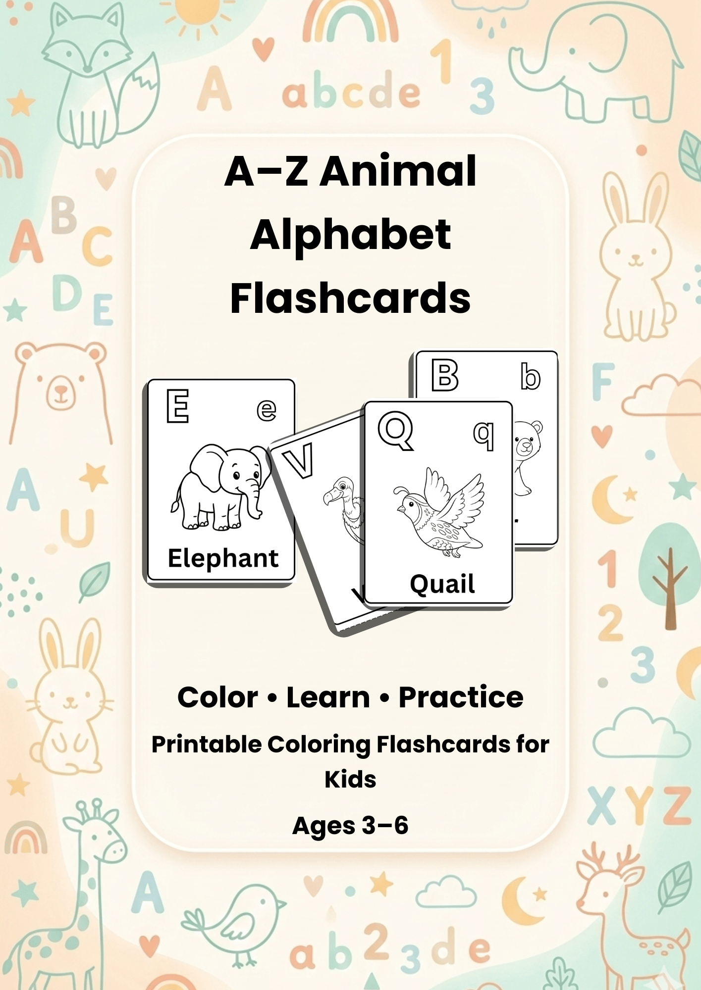 A–Z animal alphabet flashcards printable cover showing animal coloring flashcards for preschool kids learning letters and animals.
