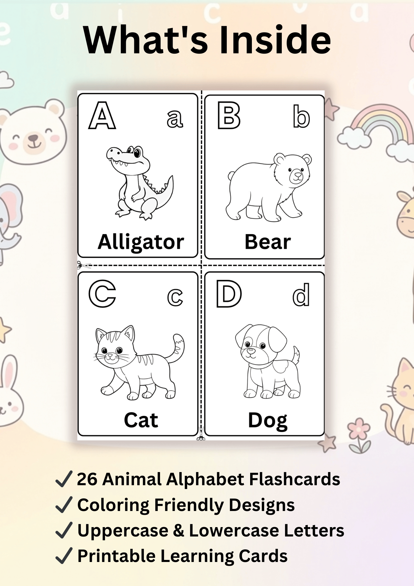 Printable animal alphabet flashcards preview showing A B C D animal cards with alligator, bear, cat and dog for preschool alphabet learning.