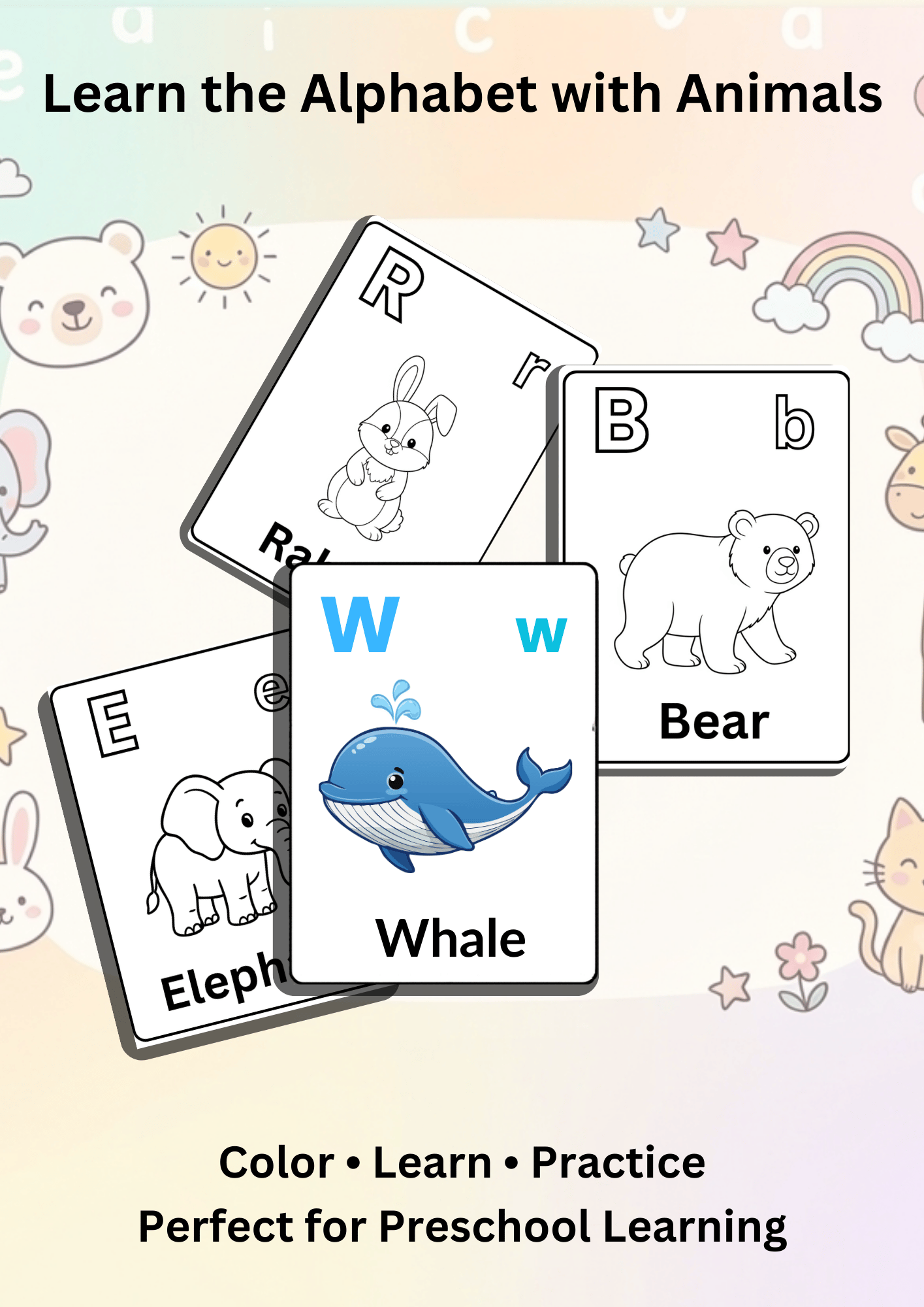 Animal alphabet flashcards printable preview showing coloring flashcards for kids learning letters with animals like whale, rabbit and elephant.