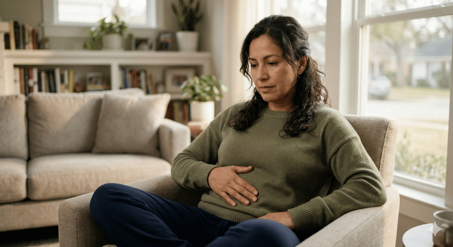 Mujer latina mayor de 40 años tocando su abdomen o barriga dura, representando inflamación abdominal y cambios metabólicos relacionados con menopausia, hígado graso y metabolismo femenino.