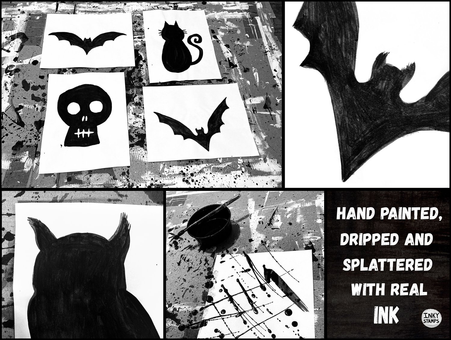 Hand Painted, Dripped and Splattered with Real INK. Paintings of Stamps in Progress and Close up detail of INK Paintings - brush strokes and ink bubbles.