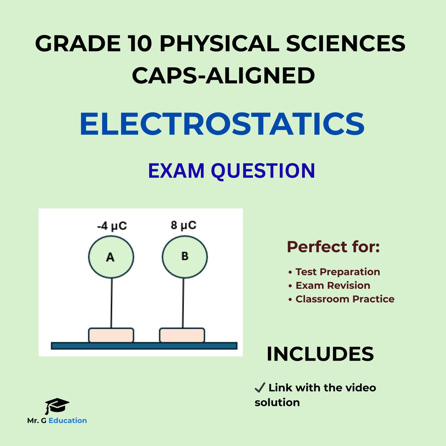 Grade 10 Physical Sciences electrostatics exam question with touching charged spheres and video-linked solutions