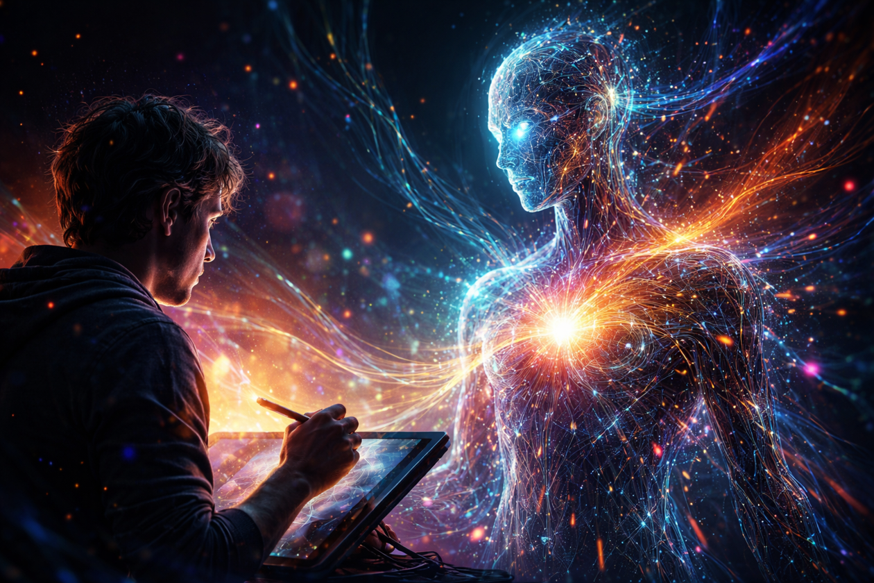 Ilustración futurista de un artista creando una figura luminosa hecha de datos y energía, simbolizando la conexión entre arte generativo, emoción humana e inteligencia artificial creativa en el arte digital contemporáneo.