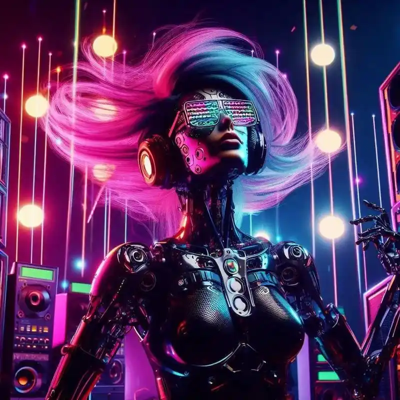 Cyberpunk girl wallpaper collection featuring a neon futuristic female android with glowing pink and blue lights.