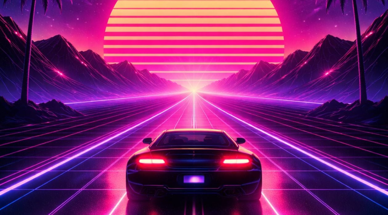 An A.I. art that depicts a futuristic car traveling through a world of 80s Retro-Futurism and Synthwave art.