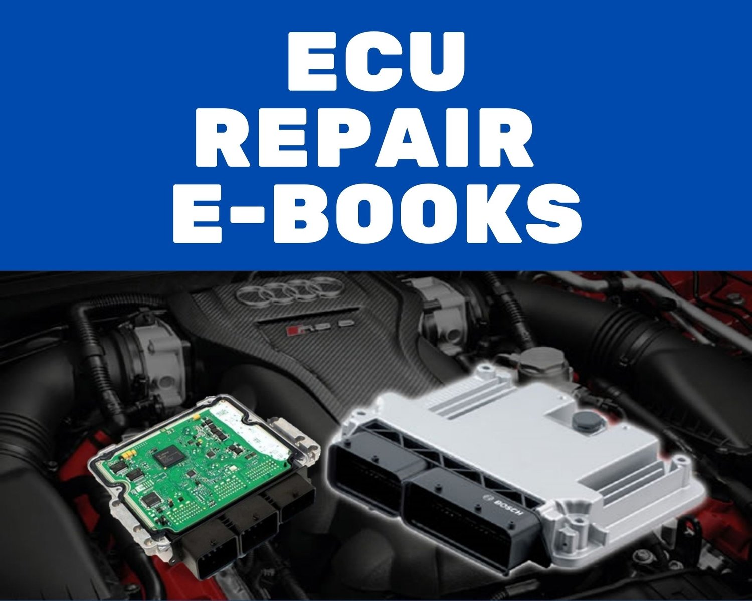 Automotive ECU repair eBooks showing engine control module and circuit board used for ECU diagnostics and electronic module repair.