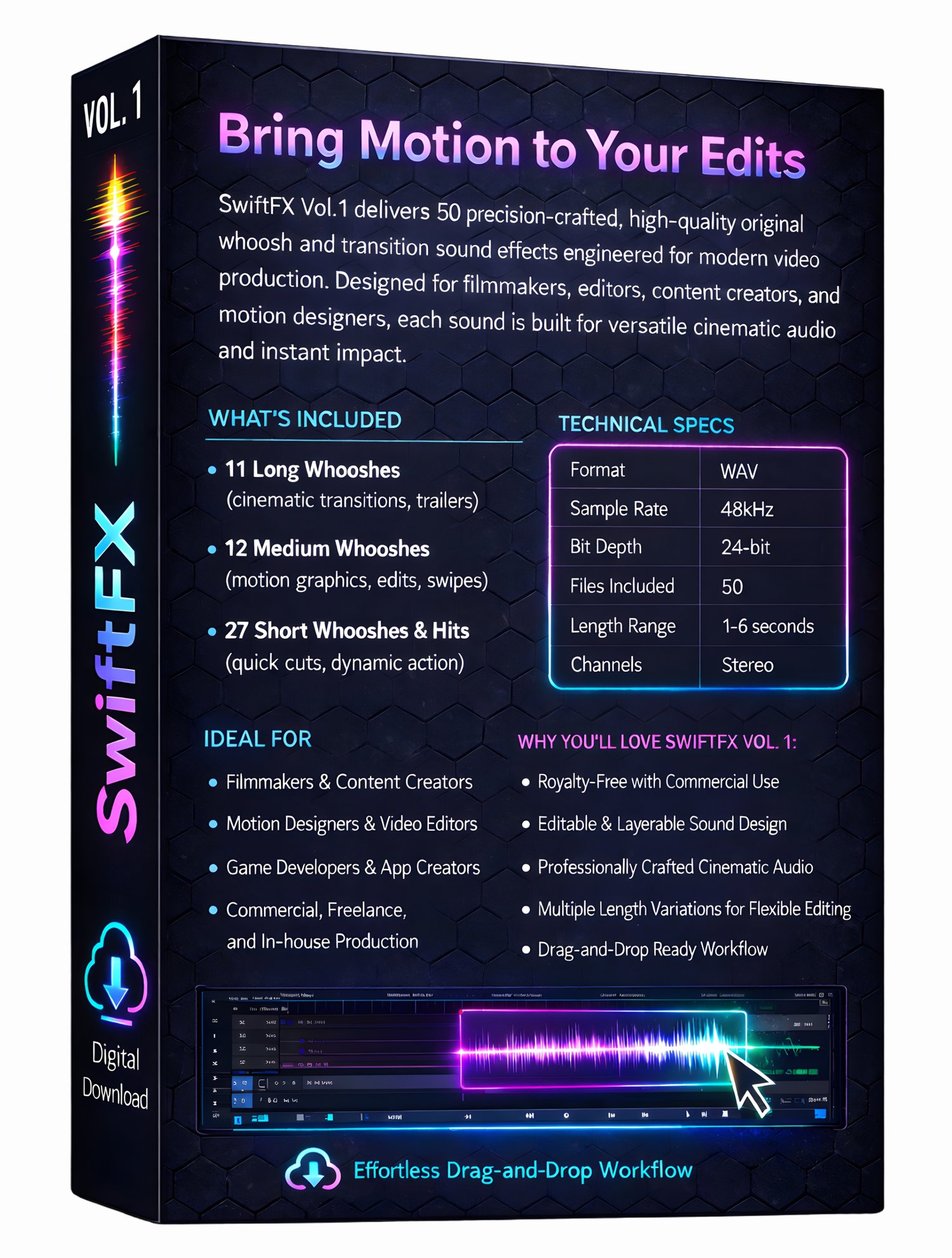 50 cinematic whoosh sound effects and transition SFX for video editing, film, trailers, and motion graphics. Professional 48kHz/24-bit WAV files for editors, filmmakers, and YouTube creators. Royalty-free sound effects ready for commercial media projects.