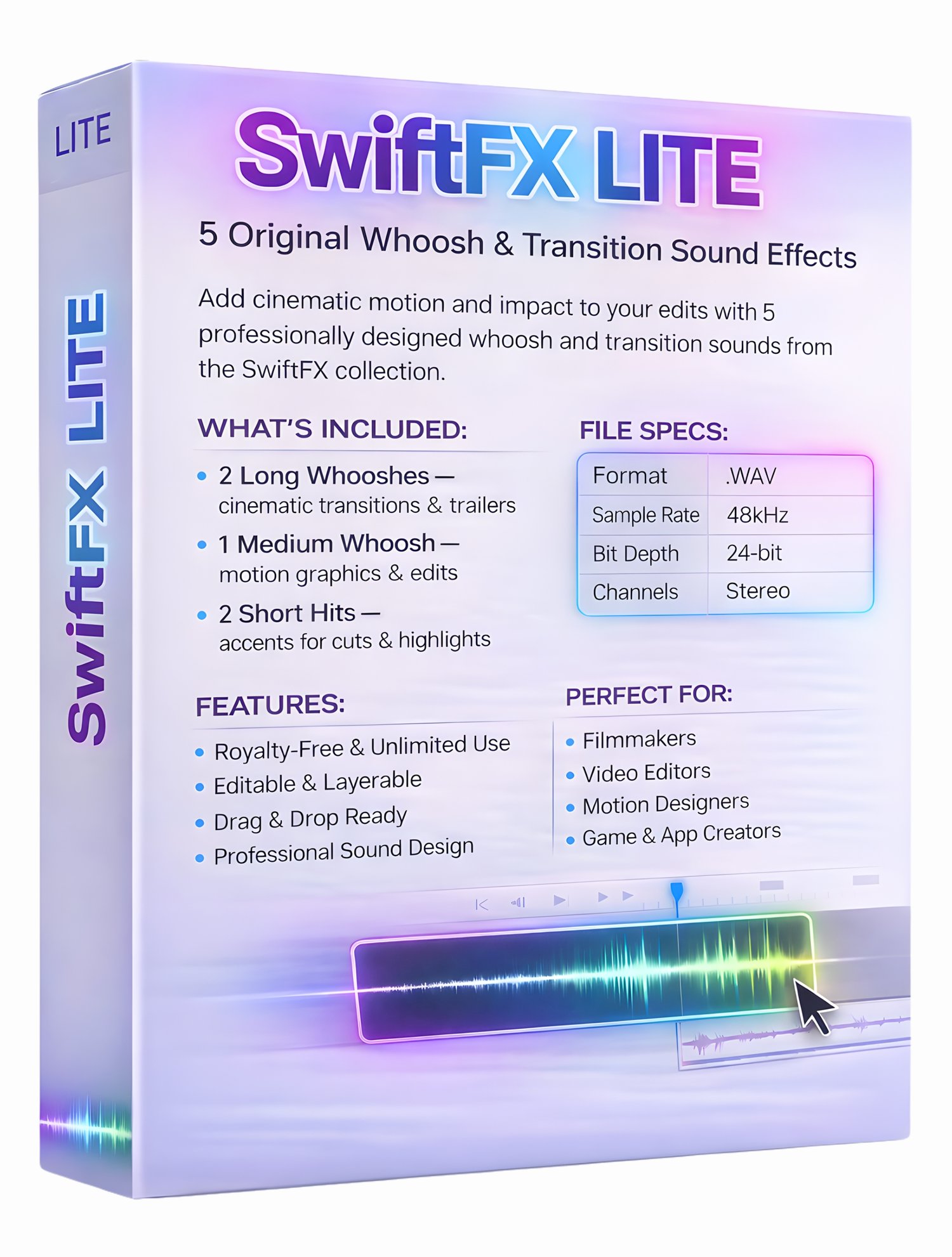 SwiftFX LITE is a free pack of 5 cinematic whoosh and transition sound effects for video editing, trailers, motion graphics, and YouTube content. High-quality 48kHz/24-bit WAV files for filmmakers, editors, and creators. Royalty-free for personal and comm