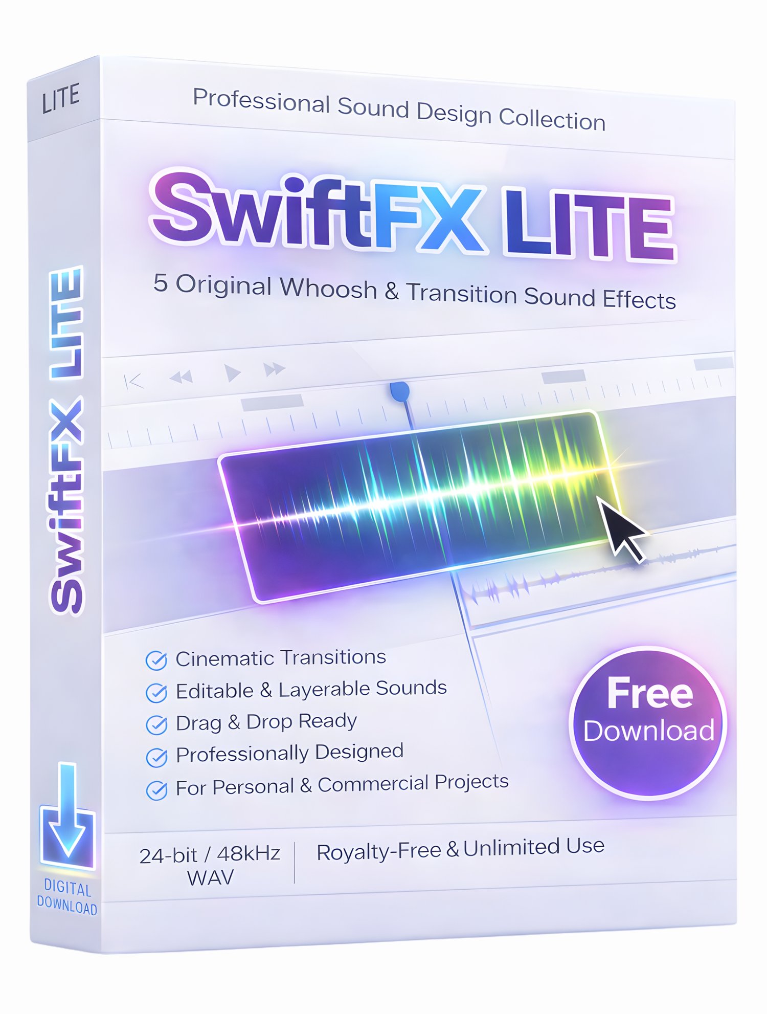 SwiftFX LITE includes 5 cinematic whoosh and transition sound effects for video editing, film, trailers, and motion graphics. Free 48kHz/24-bit WAV SFX designed for filmmakers, editors, and content creators. Royalty-free and ready for professional media p