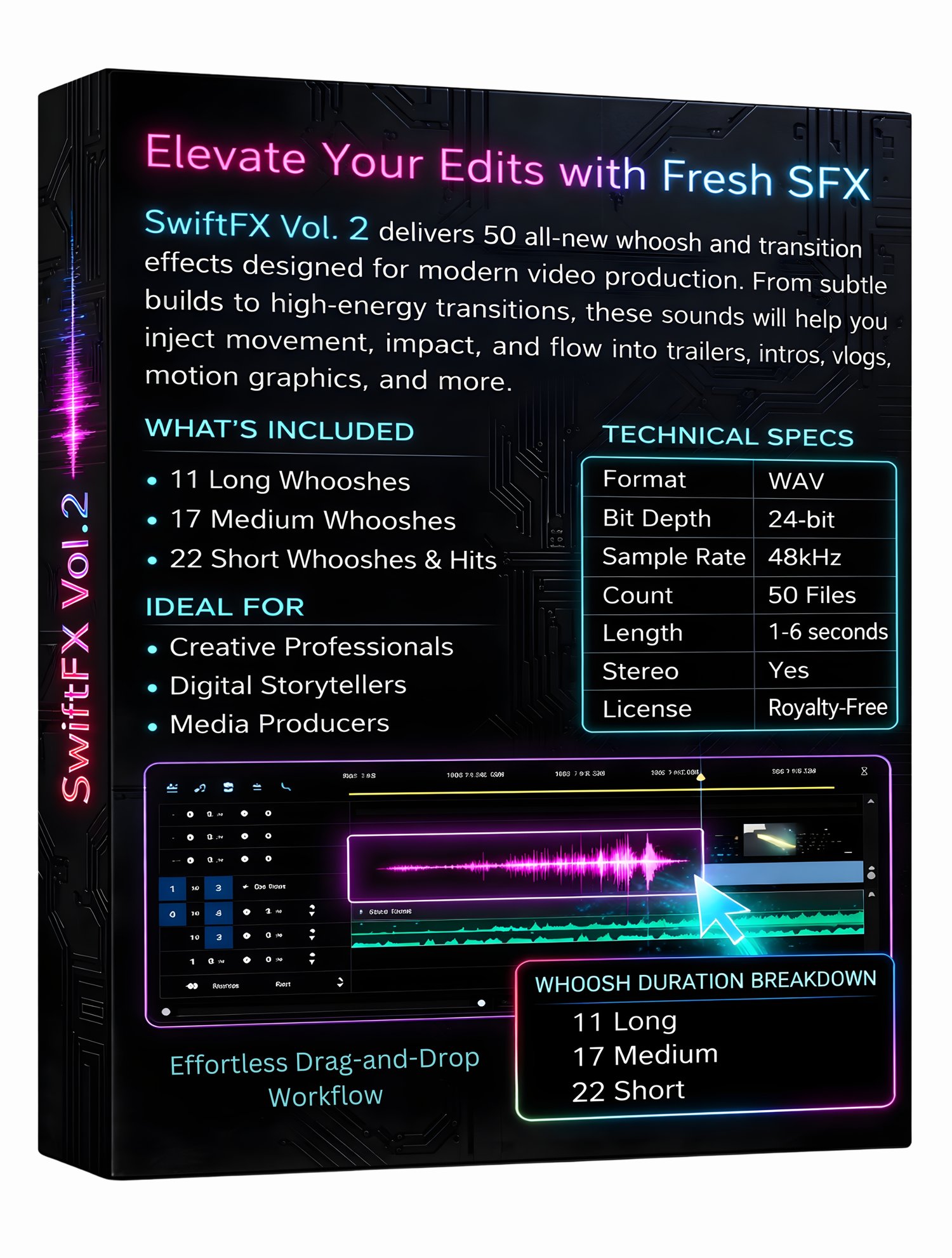 SwiftFX Vol. 2 delivers 50 original whoosh and transition sound effects for video editing, film, trailers, motion graphics, and YouTube. Professional 48kHz / 24-bit WAV audio designed for modern media production. Royalty-free cinematic SFX for creators.
