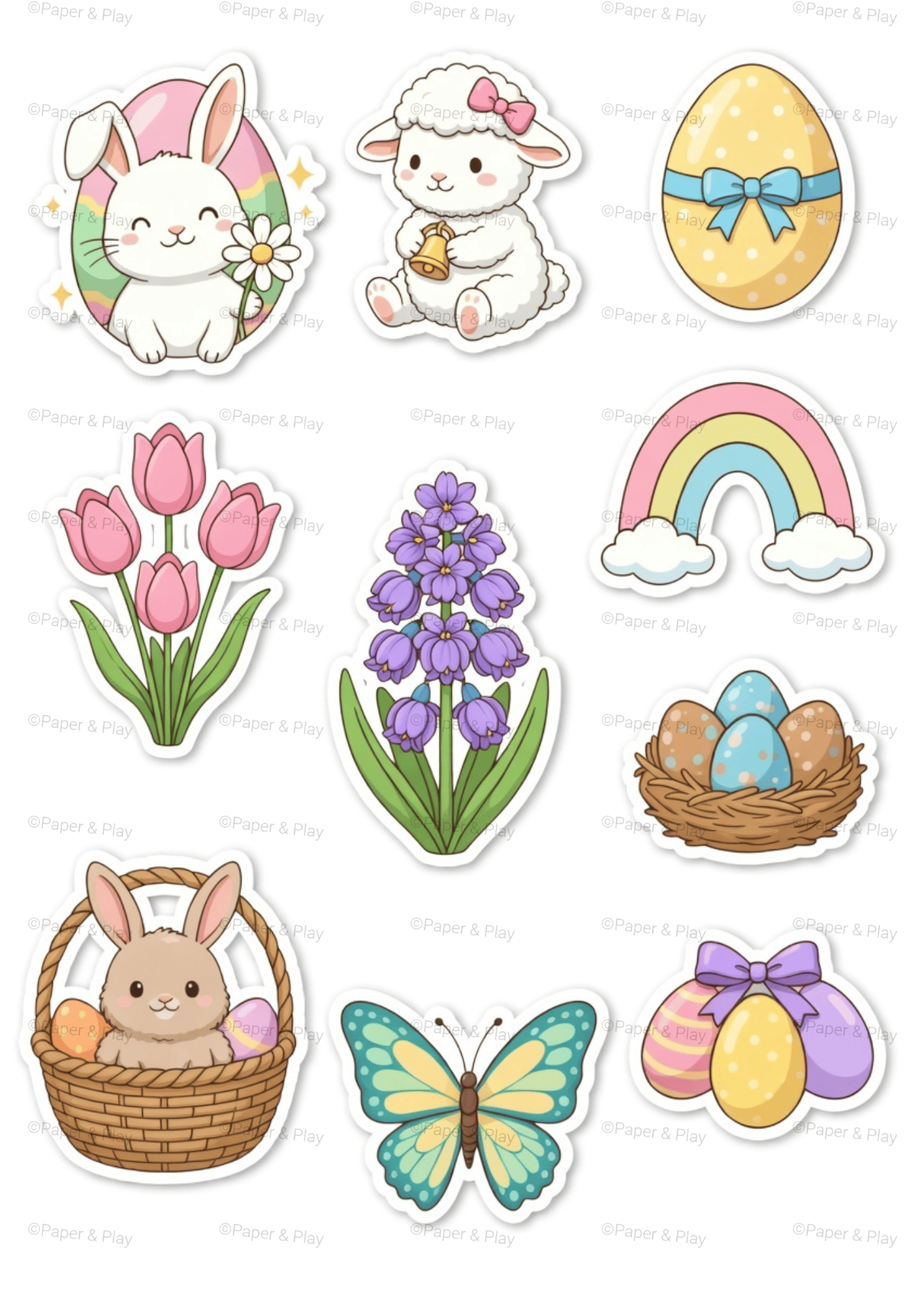 Various Easter-themed digital and printable stickers including a "Happy Easter" banner, a little chick with a bow, and a variety of patterned eggs in soft pink, blue, and yellow tones.