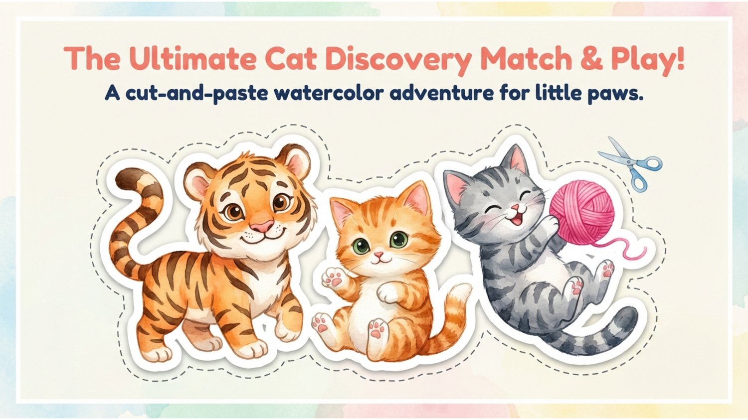 "Interactive watercolor matching worksheet for kids showing wild cats like Lions, Tigers, and Leopards."