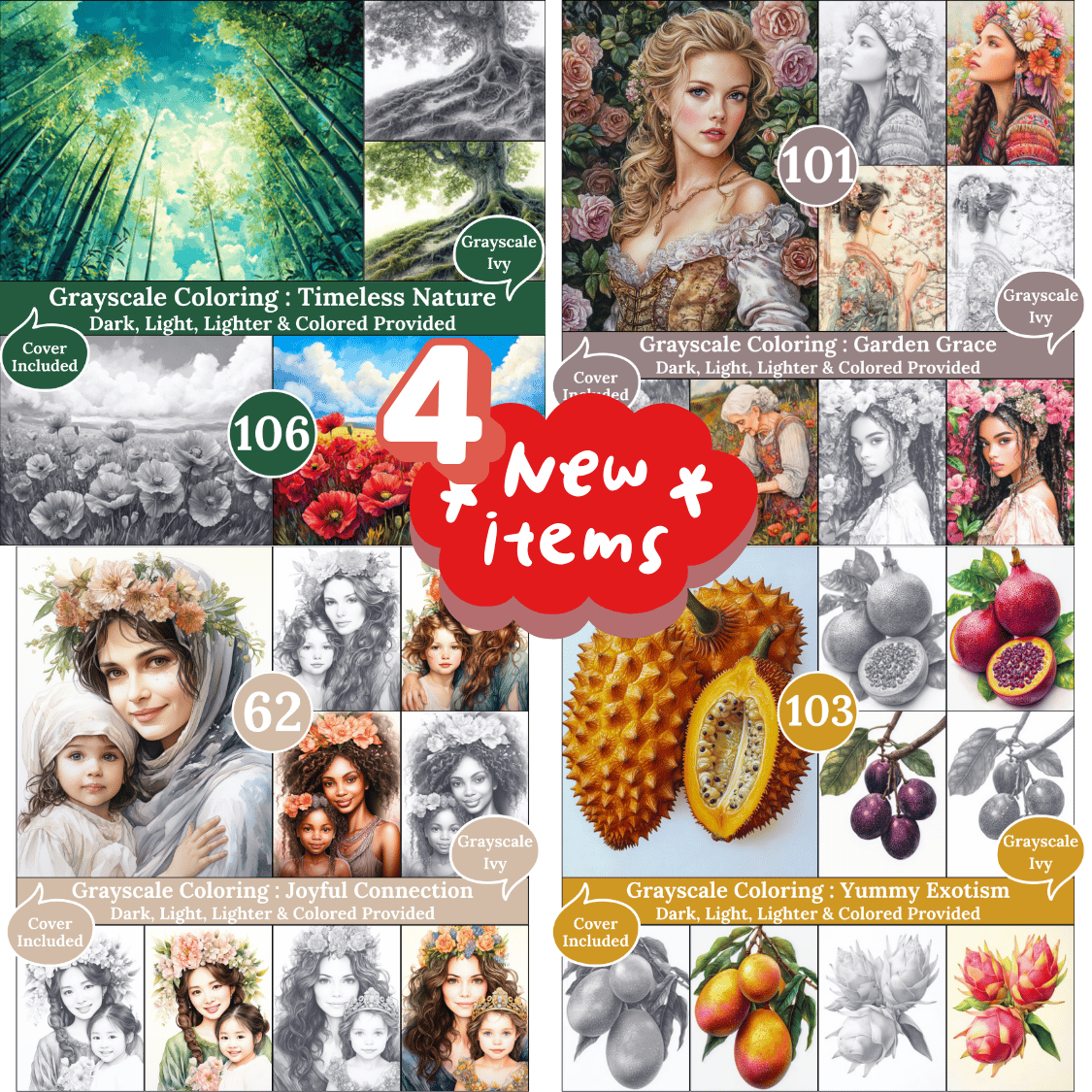 Grayscale Ivy New Arrivals — April 11, 2026 4 New Grayscale Coloring Books for Adults – Printable Digital PDFs Each book includes Dark, Light, Lighter & Colored versions, perfect for relaxing and creative coloring sessions.