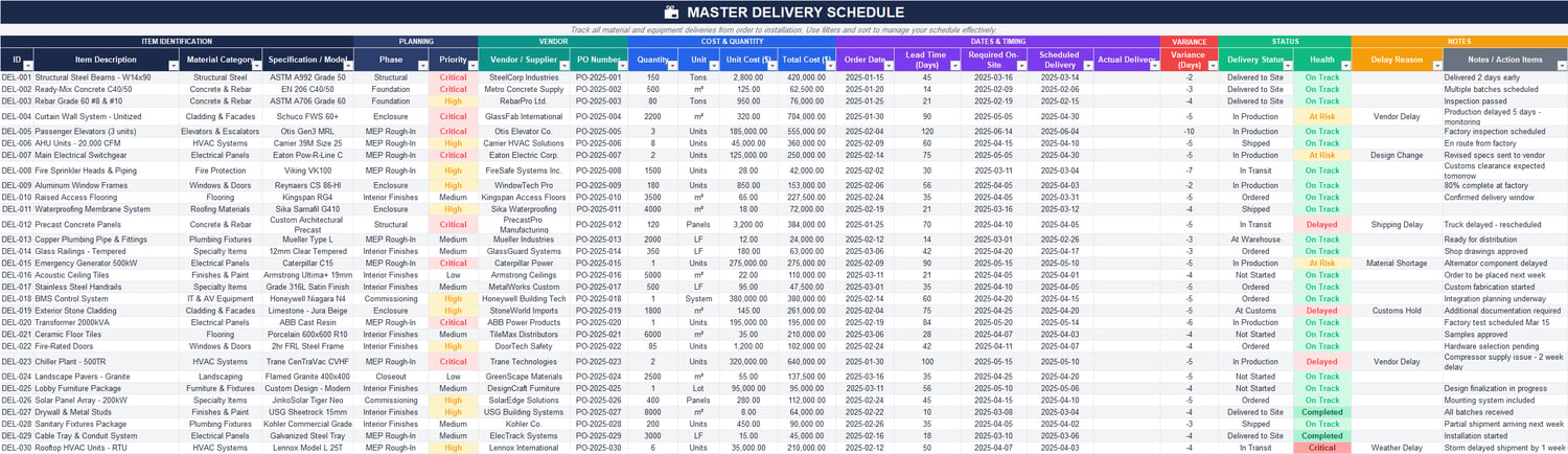 Construction material delivery schedule Excel sheet tracking procurement items, suppliers, lead times, delivery status, schedule variance, and delay reasons.