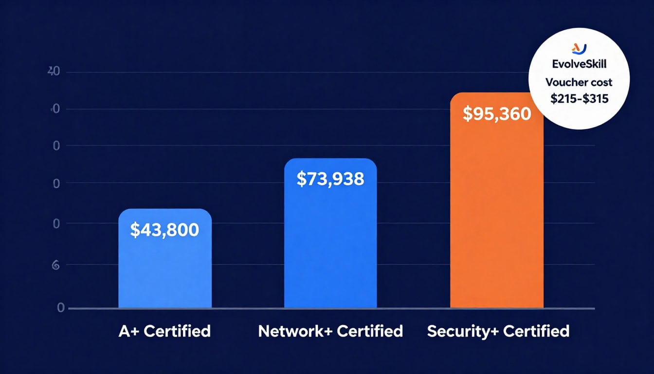 Bar chart showing average salaries for CompTIA certified professionals: A+ at $43,800, Network+ at $73,938, Security+ at $95,360, with EvolveSkill savings highlighted as a small fraction of certification investment.