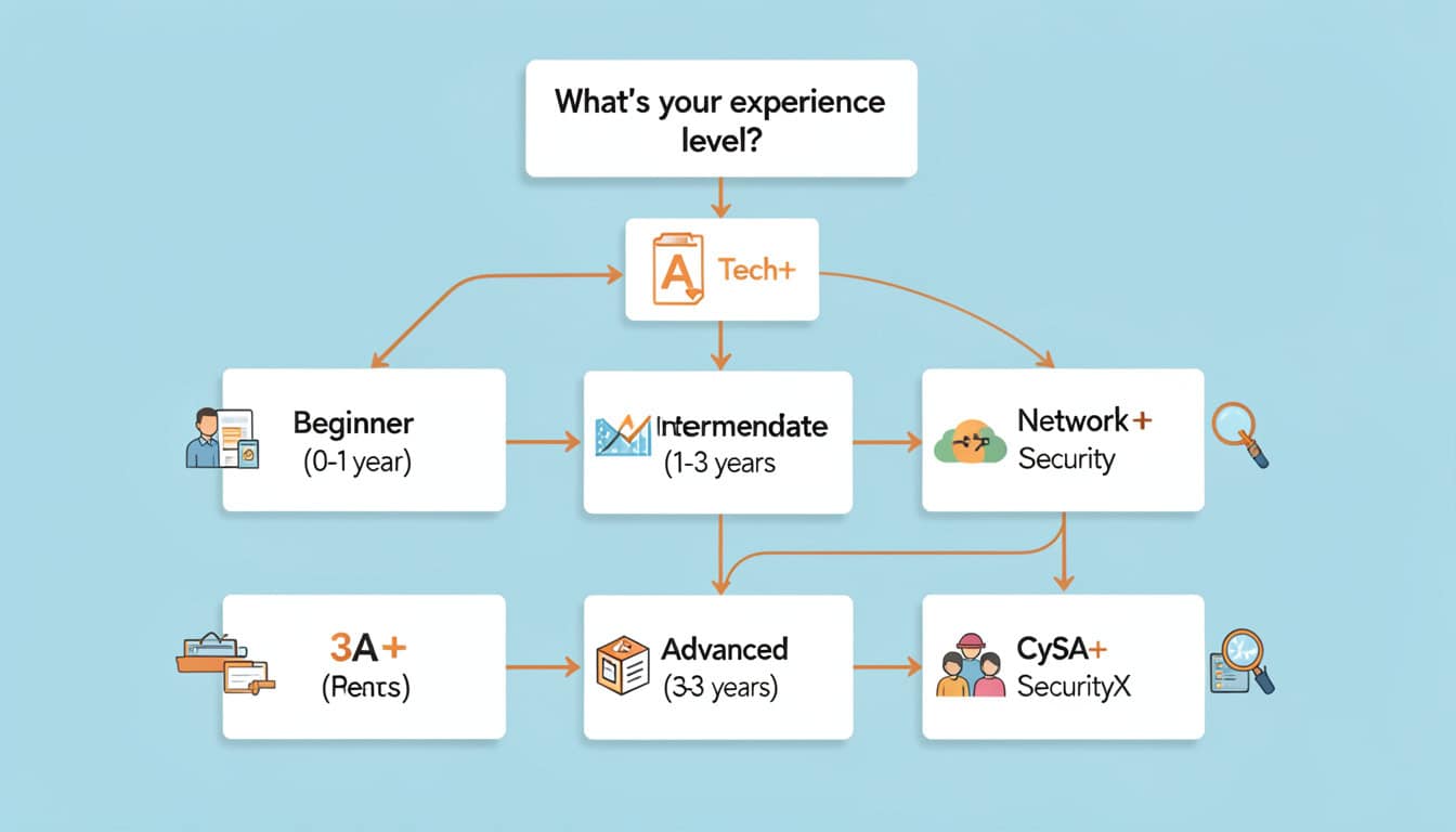 Decision tree flowchart helping readers choose between A+, Tech+, Network+, Security+, CySA+, PenTest+, and SecurityX based on experience level and career goals.