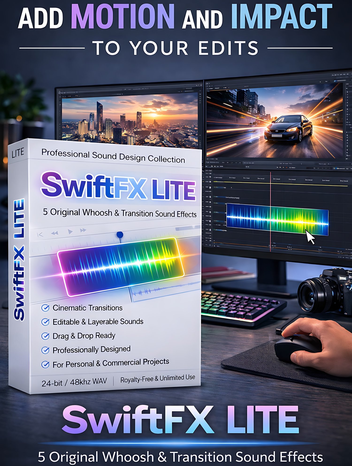 Download 5 free cinematic whoosh sound effects and transition SFX for video editing, motion graphics, trailers, and film. High-quality 48kHz/24-bit WAV audio designed for filmmakers, YouTubers, and content creators. Royalty-free sound effects ready for me