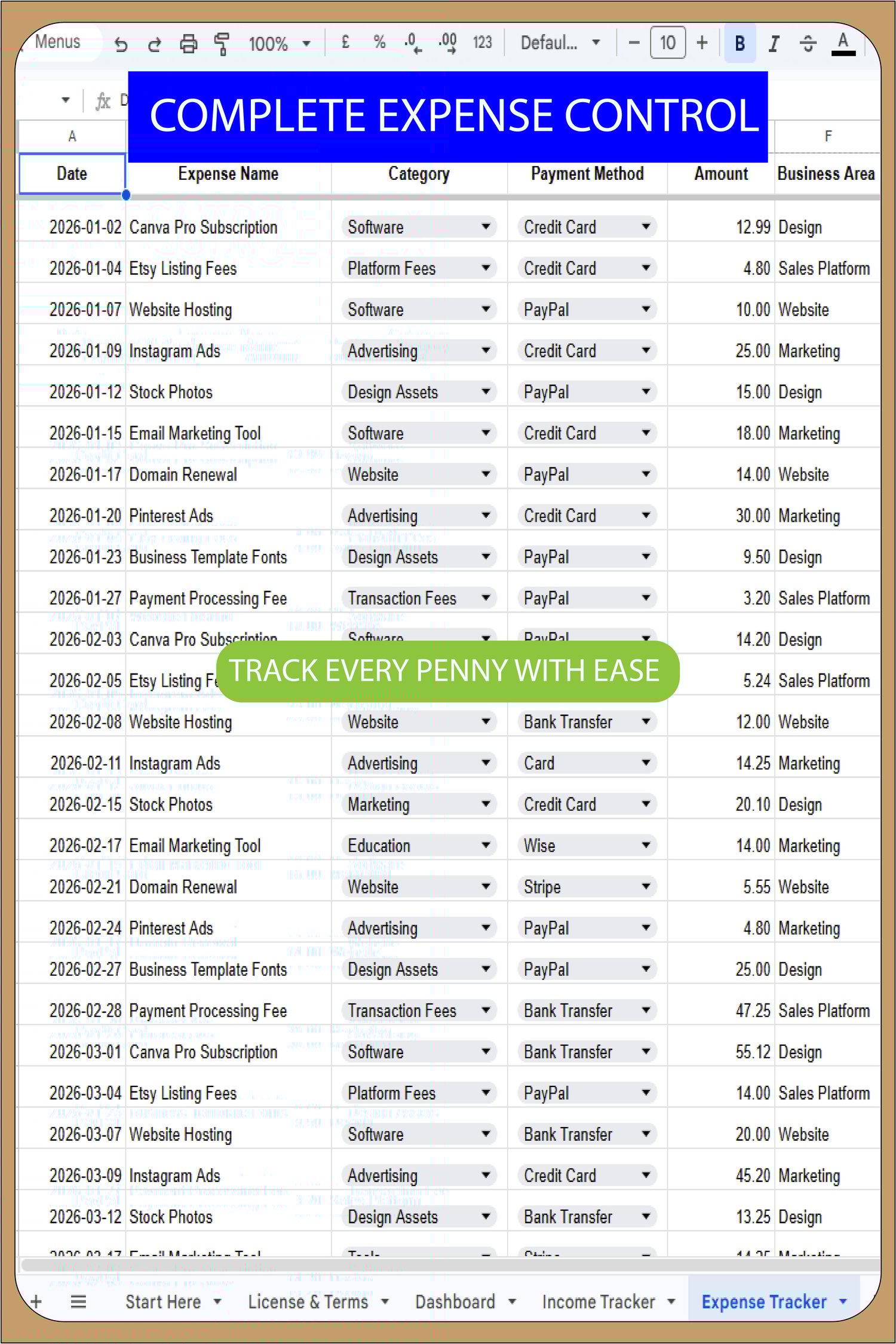 Automated Expense Tracker in Google Sheets with columns for category, payment method, amount, and business area, featuring professional dropdown menus and a clean layout.
