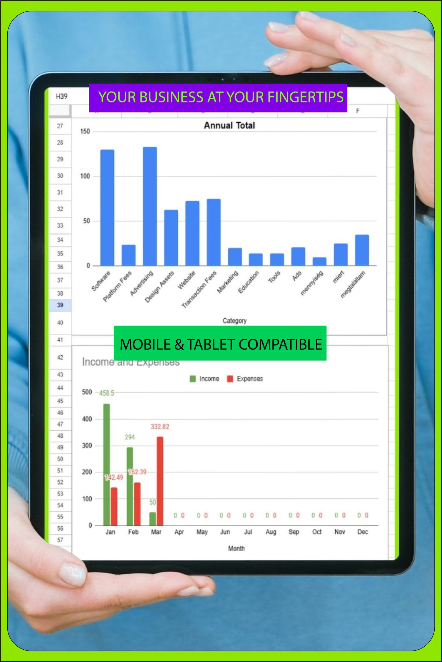 A person holding a tablet displaying professional business charts from a Google Sheets financial hub, showing expense breakdowns and monthly income vs expenses trends
