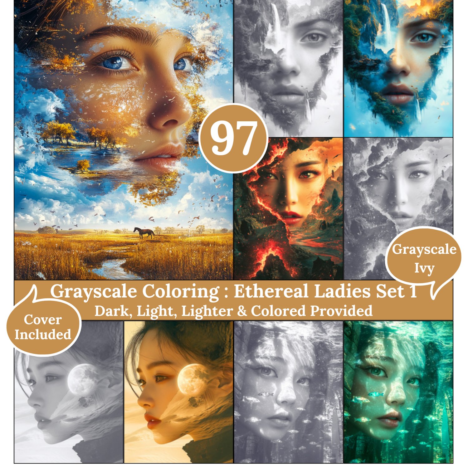 Ethereal Ladies, 97 Coloring Pages, Grayscale Drawings, Dark Light Lighter and Colored Versions,  Digital Art, Landscape in Woman Faces
