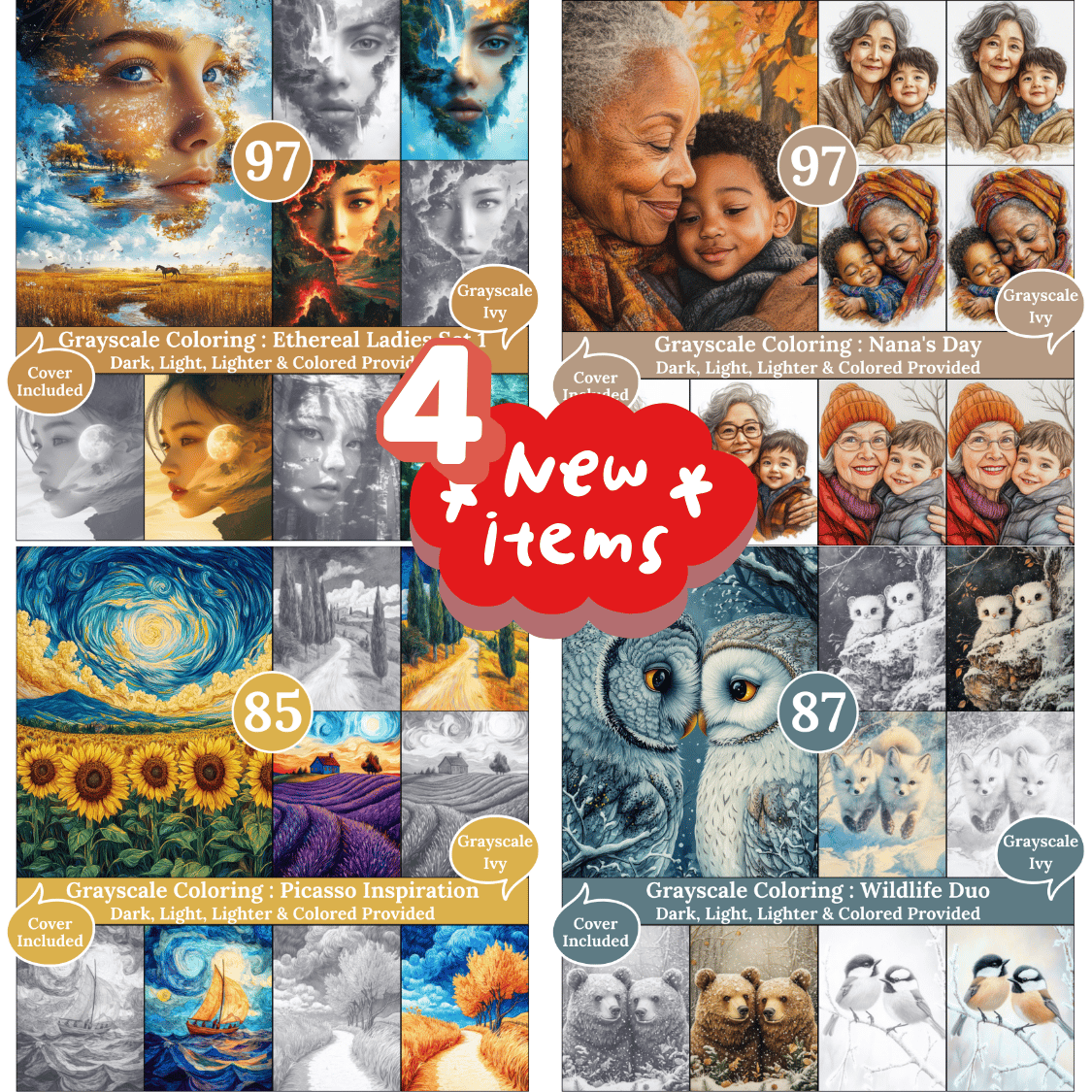 Grayscale Ivy New Arrivals — April 18, 2026 4 New Grayscale Coloring Books for Adults – Printable Digital PDFs Each book includes Dark, Light, Lighter & Colored versions, created for inspiring and relaxing coloring sessions.