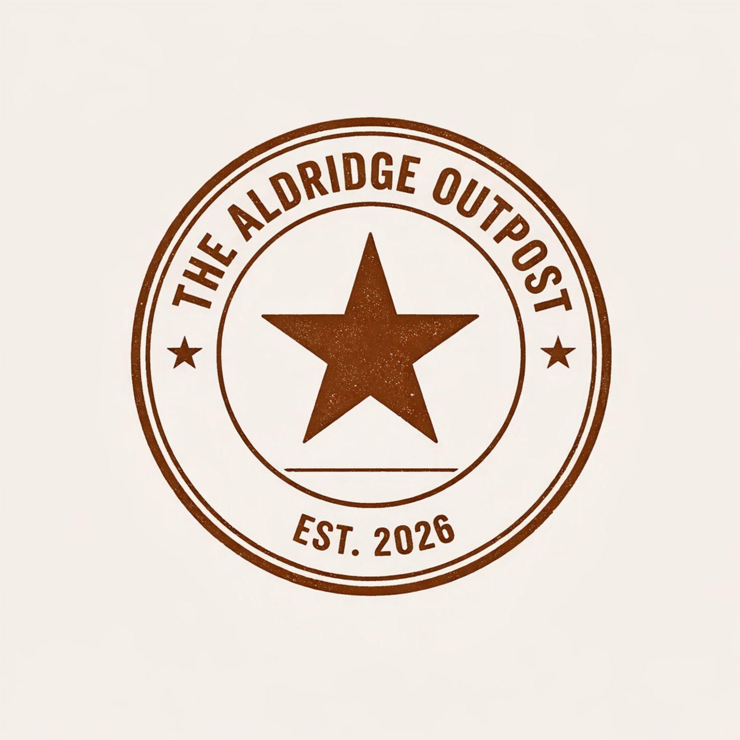 he Aldridge Outpost official circular logo featuring a Texas lone star and established date 2026, rendered in saddle brown.