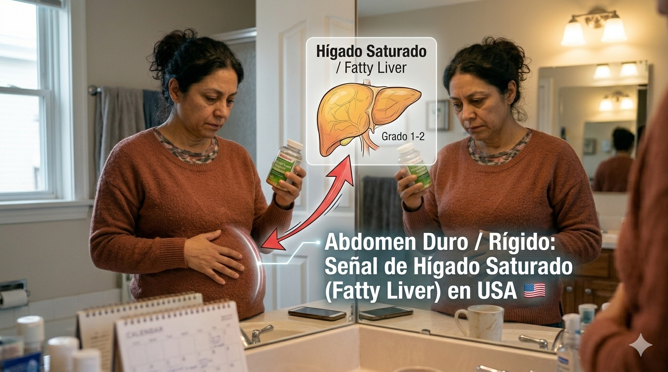 Mujer latina de 47 años en EE. UU. con expresión de cansancio y frustración, tocándose el abdomen duro e inflamado en su baño. La imagen incluye una infografía clínica funcional superpuesta que conecta el abdomen rígido con un hígado saturado (Fatty Liver