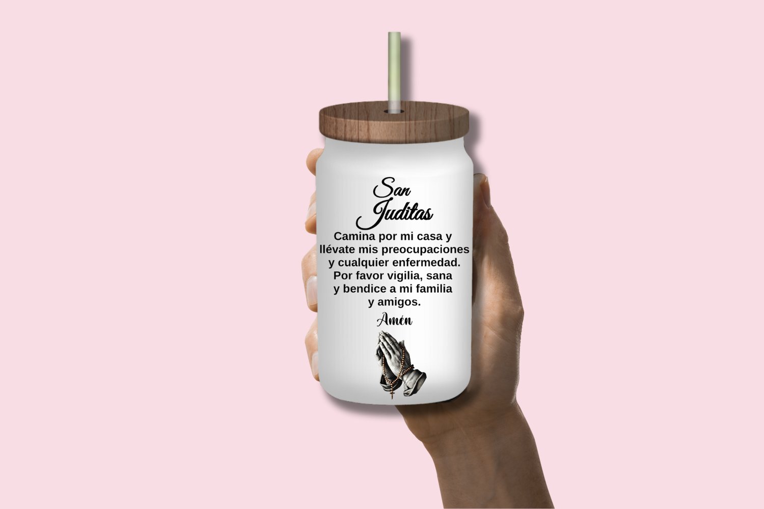 Create meaningful drinkware with this San Judas Tadeo tumbler wrap PNG designed for 16oz Libbey glass cans. A devotional Catholic design with a Spanish prayer perfect for sublimation and handmade gifts.