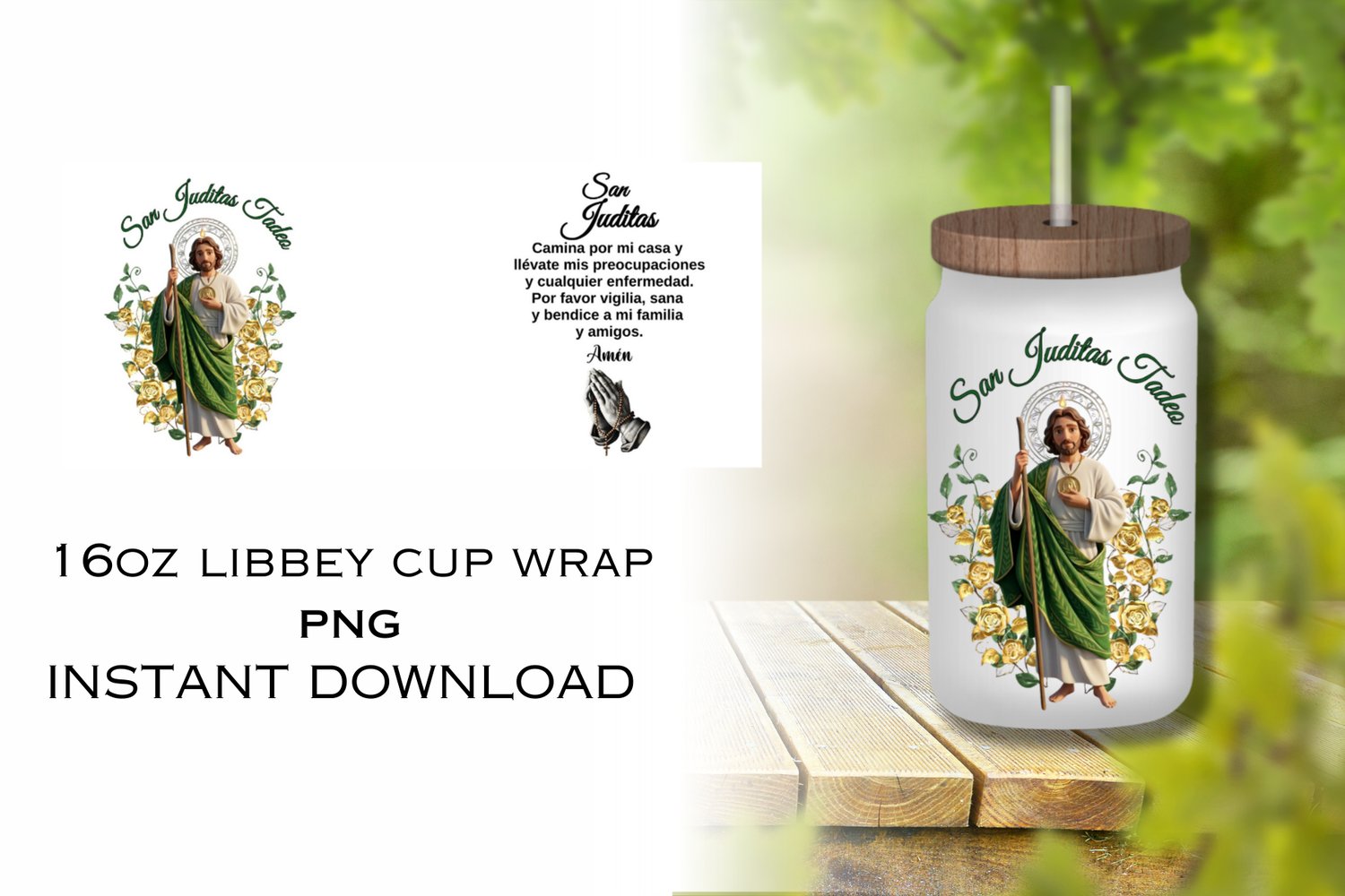 San Judas Tadeo Cup Wrap PNG 🙏 Catholic Libbey Glass Design with Spanish Prayer