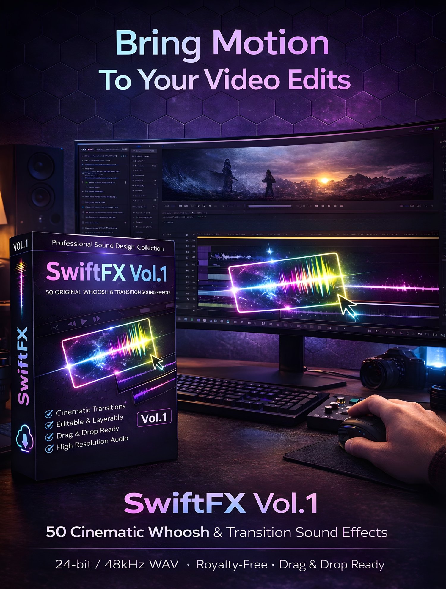 Add impact to your edits with 50 cinematic whoosh and transition sound effects for video editing, trailers, motion graphics, and film. High-quality 48kHz/24-bit WAV SFX designed for creators and editors. Royalty-free audio for professional media projects.