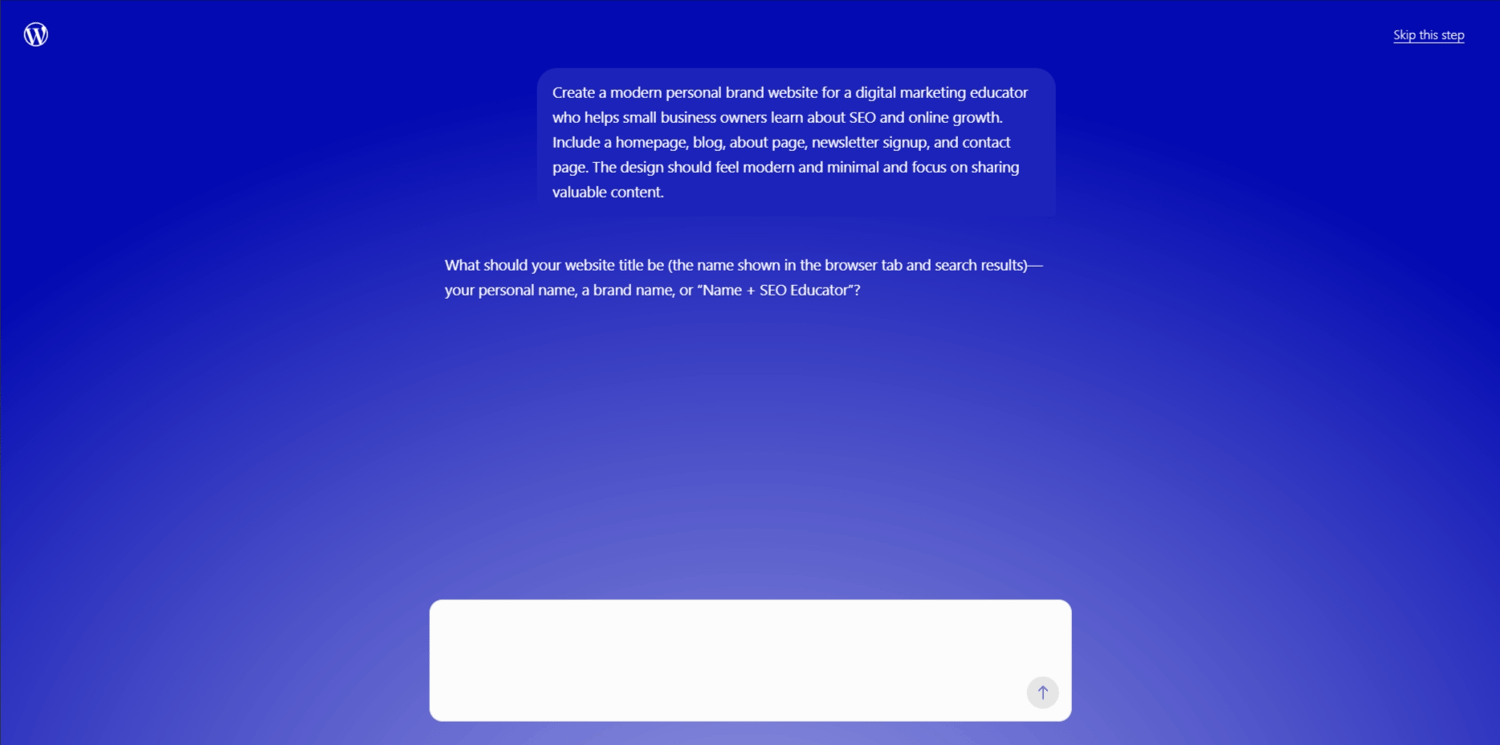 WordPress.com AI website builder asking me questions