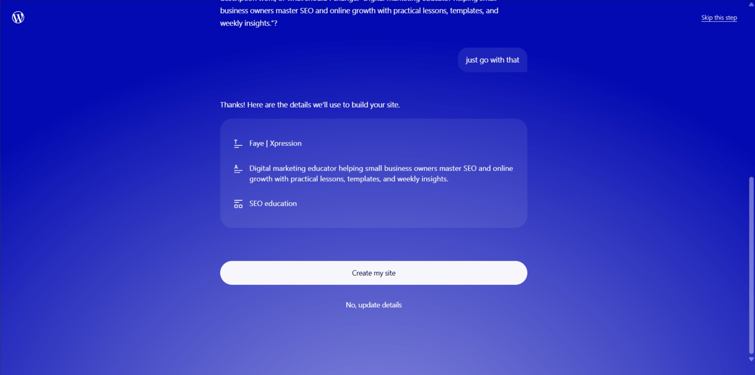 WordPress.com AI website builder working