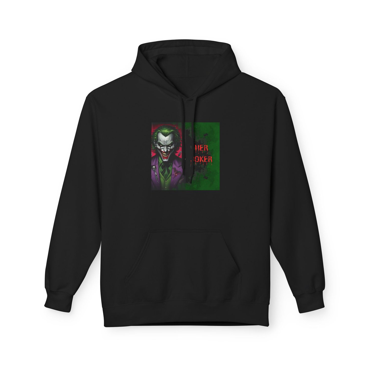 Close-up of the "Her Joker" graphic hoodie in Black, featuring a vibrant green-haired Joker illustration on a premium, soft-matte black Gildan SF500 sweatshirt.