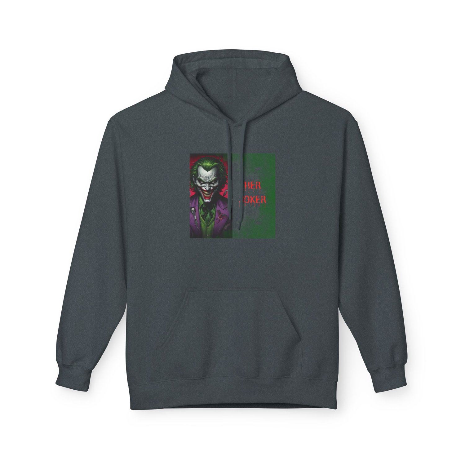 "Her Joker" custom graphic hoodie in Dark Heather grey. The textured, charcoal-flecked fabric provides a rugged, vintage backdrop for the bold Joker comic-style art.