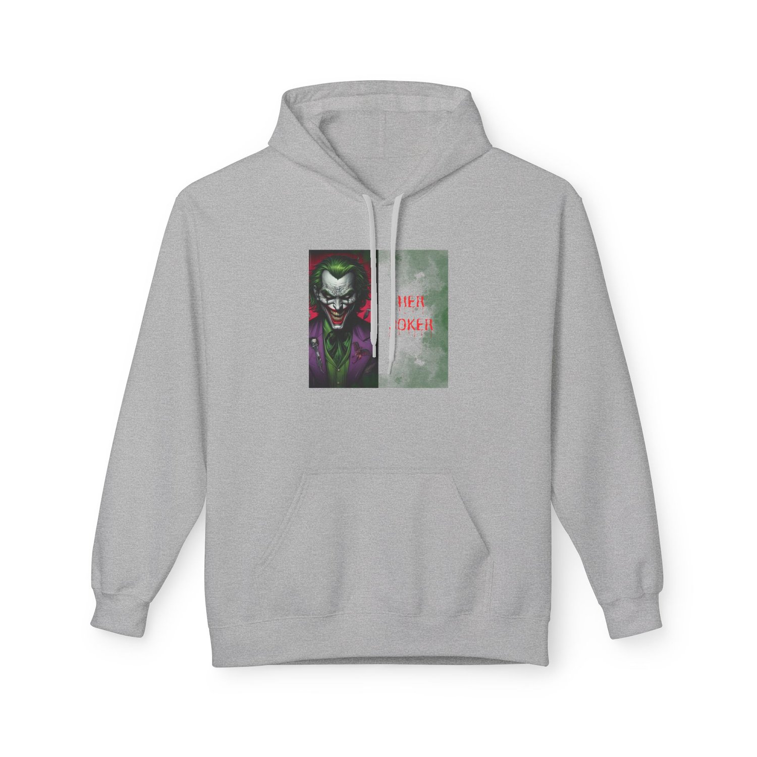 Classic Sport Grey "Her Joker" hoodie. A neutral, athletic grey heather sweatshirt featuring a high-contrast Joker face design with green and purple accents.