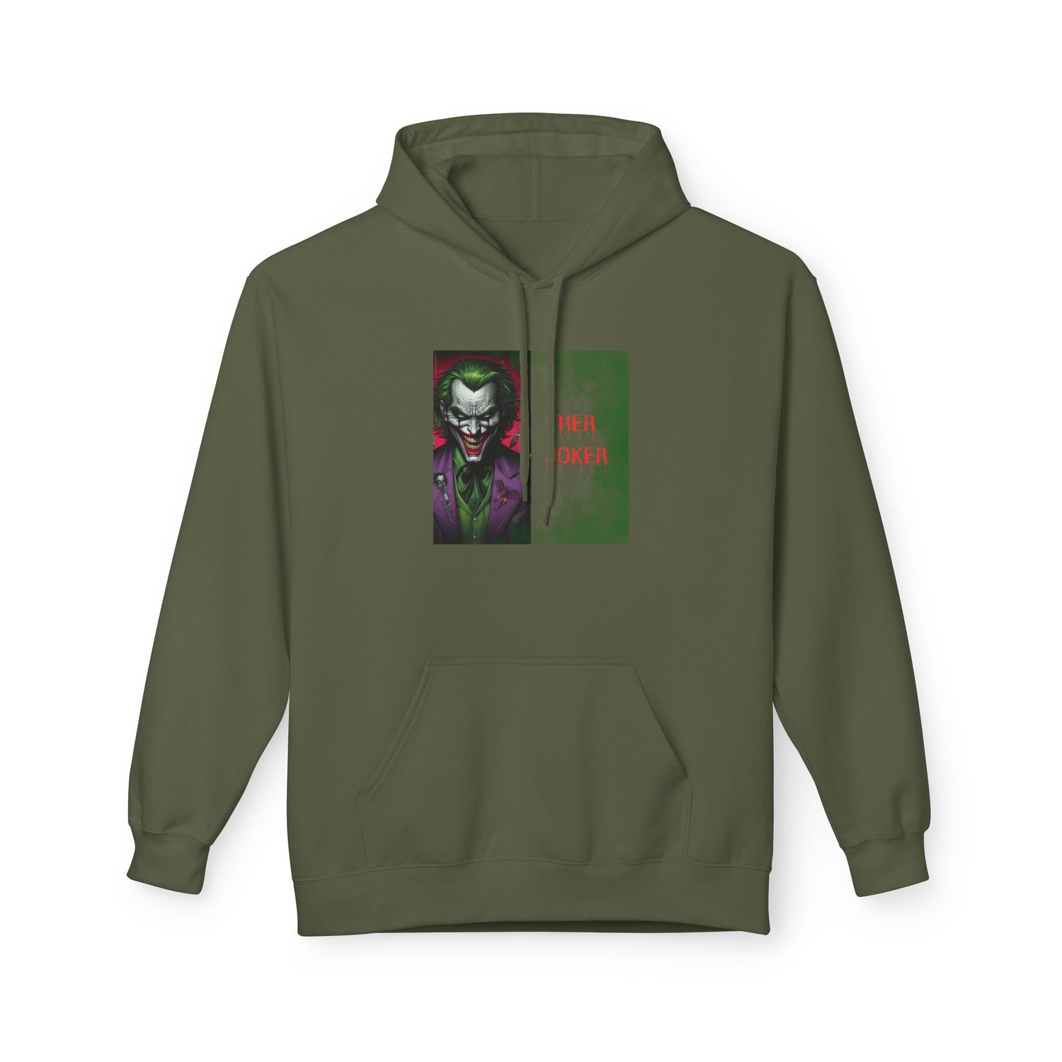 "Her Joker" themed hoodie in Military Green. The earthy, olive-toned fabric perfectly complements the Jokers signature green hair and purple suit in the graphic.