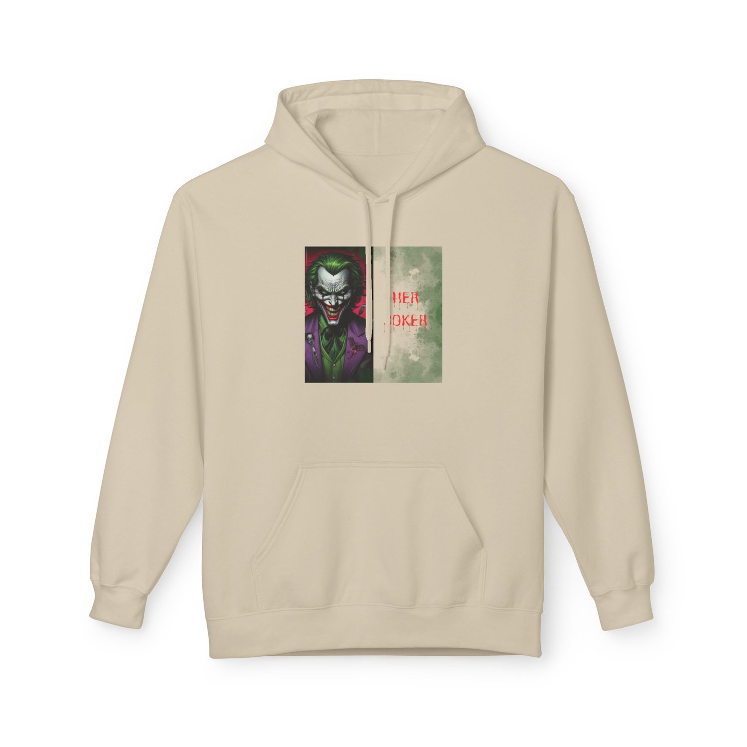 Boutique-style "Her Joker" hoodie in Sand. A light, parchment-colored neutral sweatshirt that makes the edgy, dark comic-book illustration pop with high-end contrast.