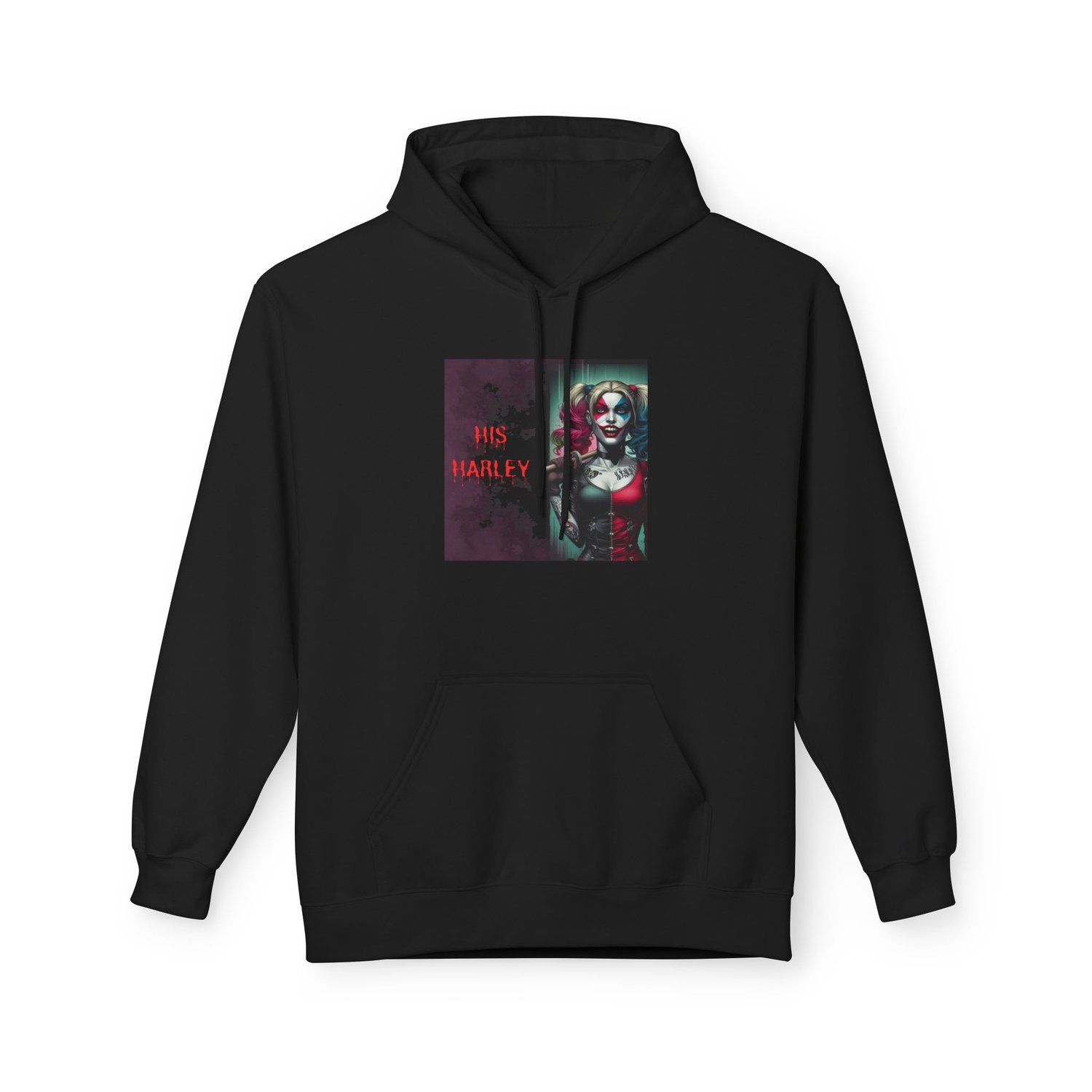 Close-up of the "His Harley" graphic hoodie in Black, featuring a vibrant Harley Quinn illustration on a premium, soft-matte sweatshirt.