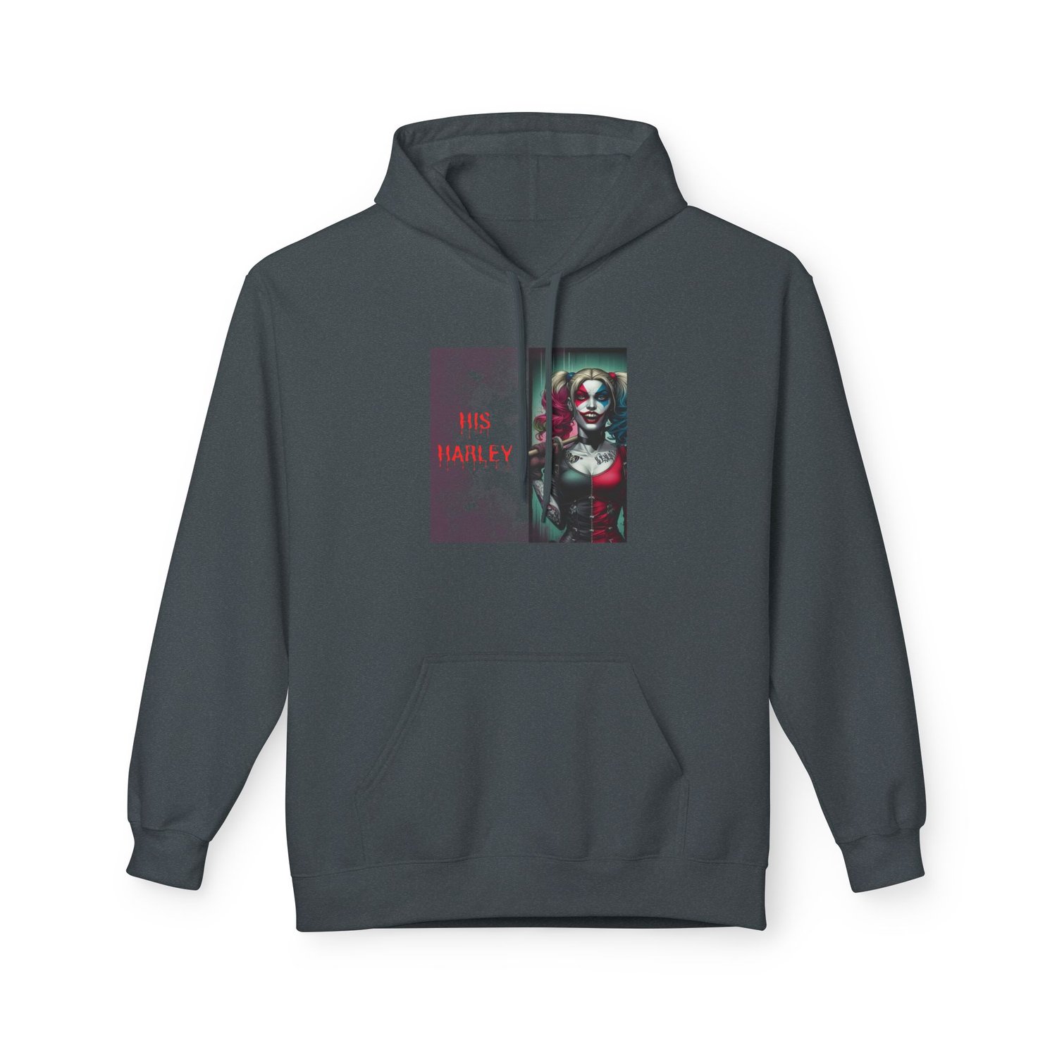 "His Harley" custom hoodie in Dark Heather. The vintage charcoal fabric makes the red and blue comic-style art pop.