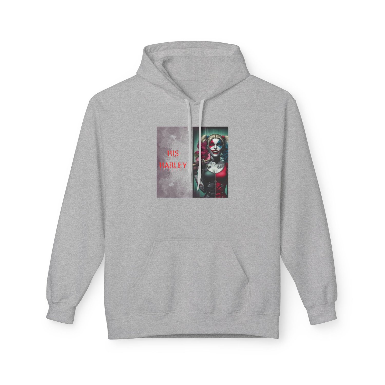 Sport Grey "His Harley" hoodie. A classic heather grey sweatshirt with a high-contrast Harley Quinn design.