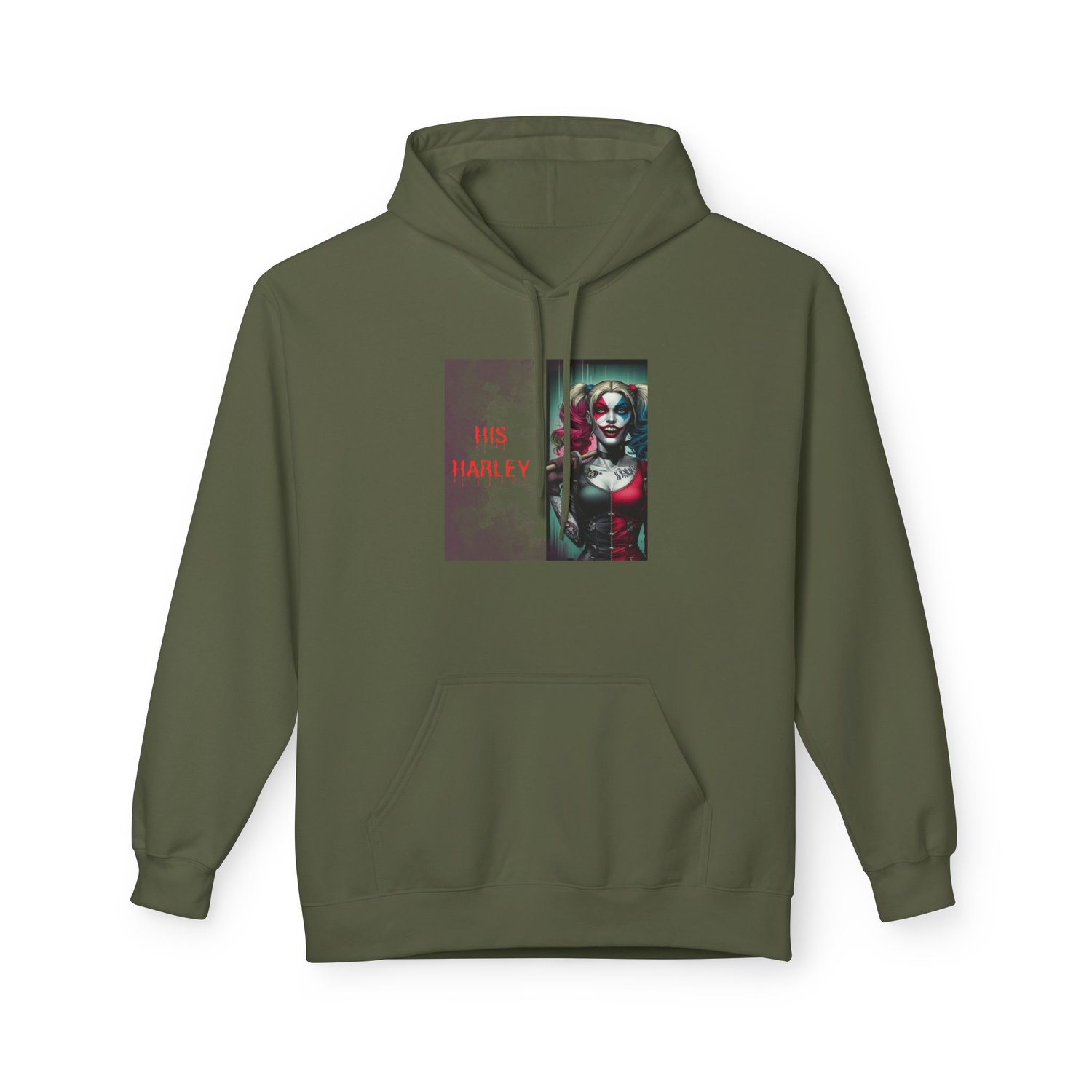 "His Harley" hoodie in Military Green, providing a rugged, earthy backdrop for the vibrant comic-book graphic.
